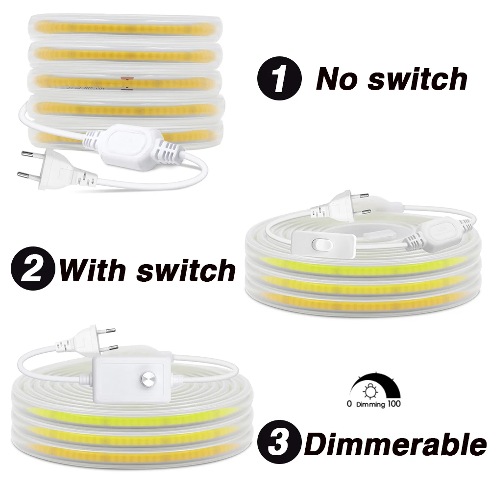 COB LED Strip AC 220V Waterproof 288Leds/M Warm/Natural/Cool White Garden Decor Flexible Ribbon Tape Light Strip