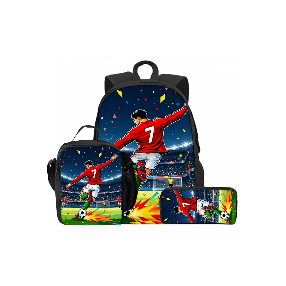 Football Print 3pcs Set 2D Flat Cartoon Design Waterproof School Backpack Lunch Pen Bags for Boys/Girls Best Gifts