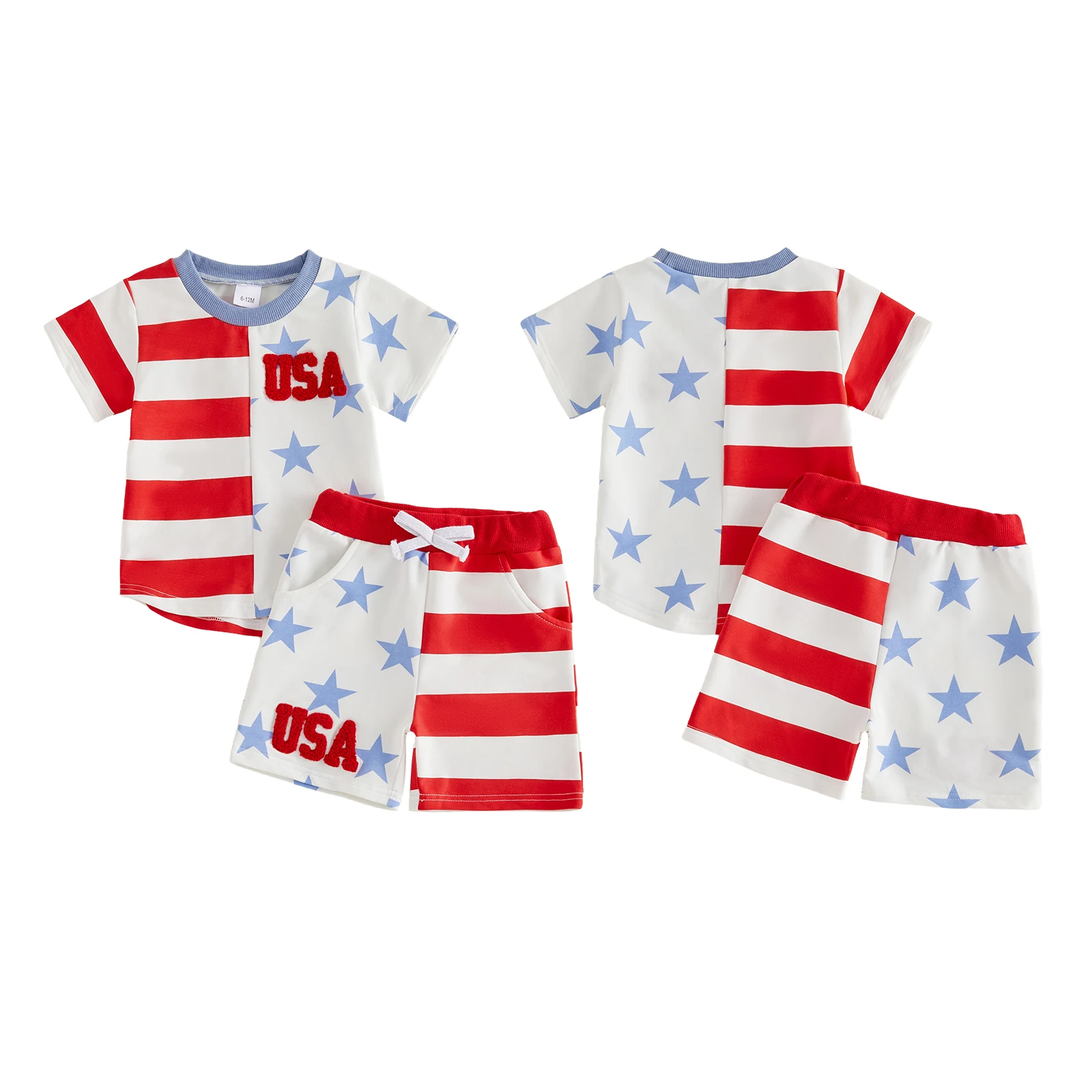 Toddler Boys 4th of July Outfits Letter Embroidery Star Stripe Print Short Sleeve T-Shirts Elastic Waist Shorts 2Pcs Clothes Set