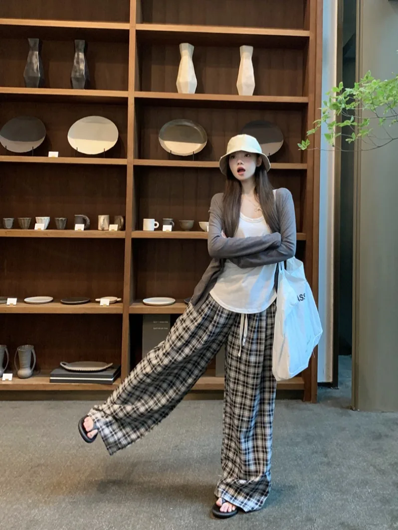 

Ladies Casual Plaid Long Sleeve Outerwear Vest Set Spring Summer Loose Fit Three Piece Suit Comfortable Leisure Style Outfit