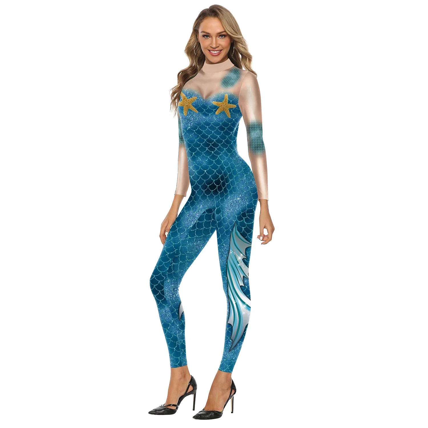 Nieuwe Volwassen Zentai Cosplay Bodysuit Vrouwen Sexy Zeemeermin Vis Schubben Bedrukt Slanke Jumpsuit Performance Kostuums Feest Fancy Outfit