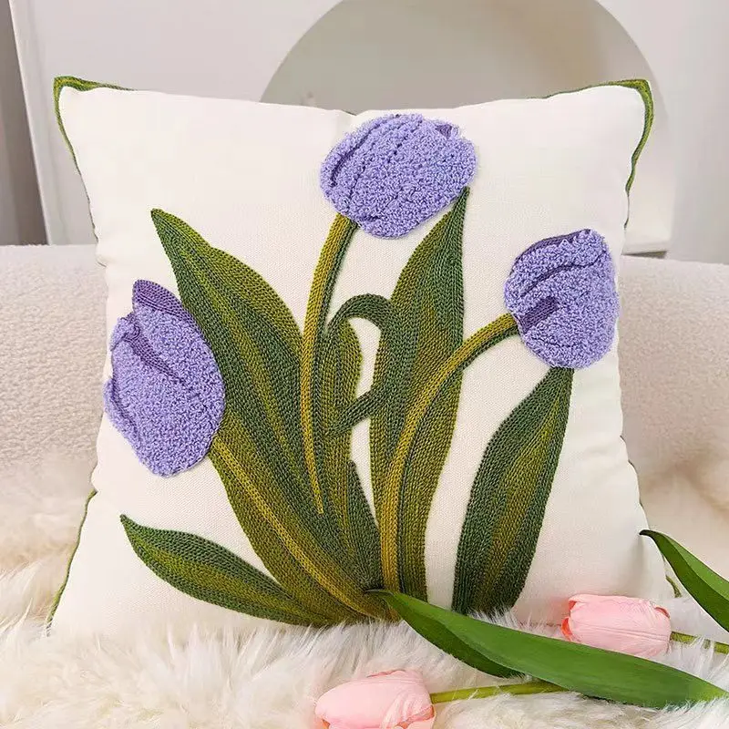 [Only Includes Pillowcases] Embroidered Pillow Modern Simple Living Room Sofa Backrest Cushion Drift Window Nordic Pillow Tulip