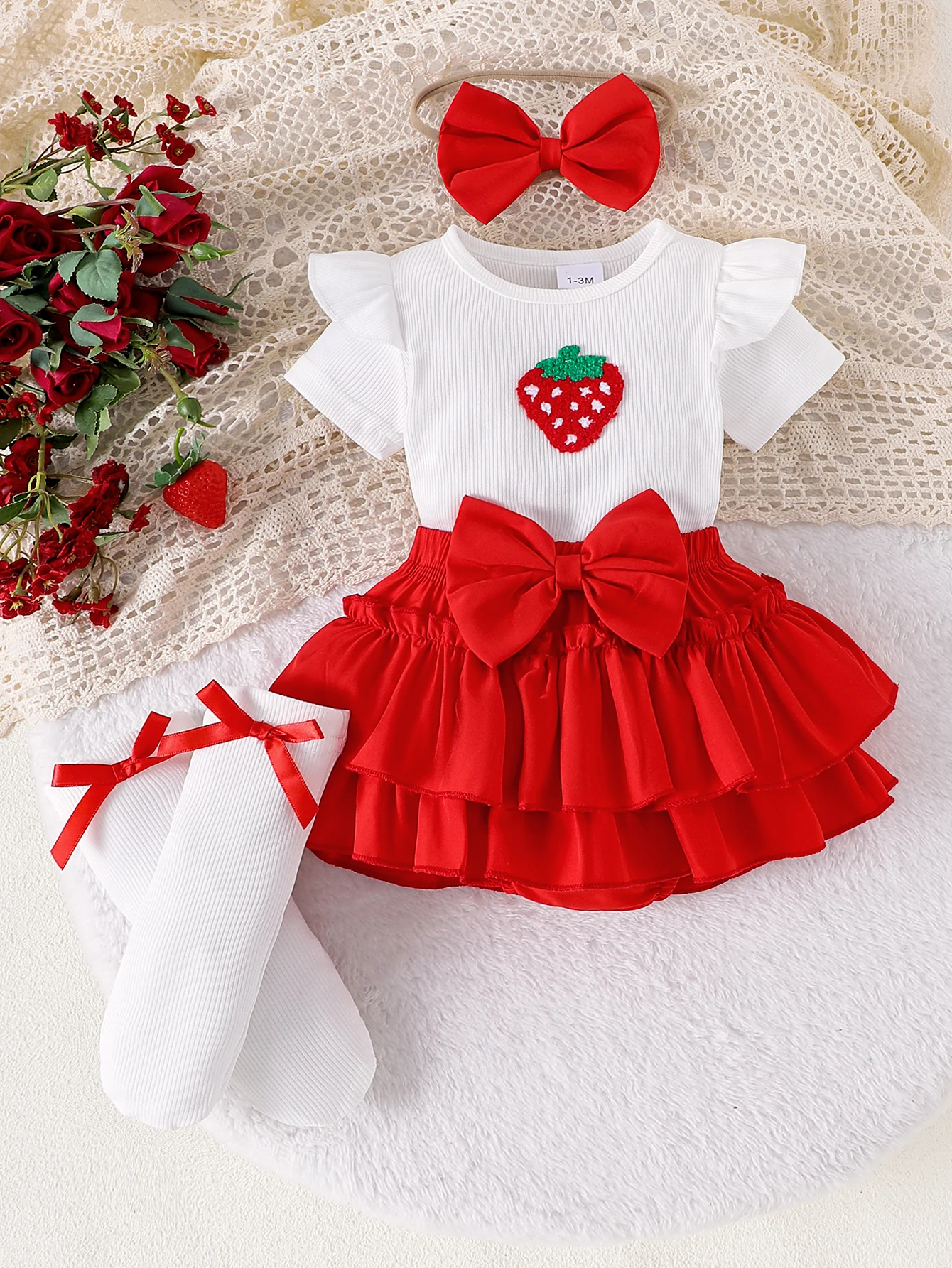 

4PCS Cross-Border Summer Girls 0-1 Years Old Sweet And Cute Round Collar Rice White Short-Sleeved Hat + Shorts
