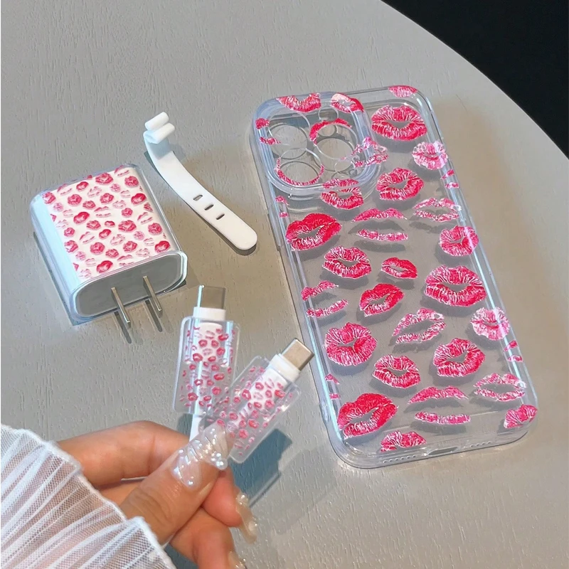 Lip Print Pattern Charger Protective Cover, Suitable for iPhone Models 12 13 14 15 16, Supports 18W 20W Fast Charging, 3Pcs Set