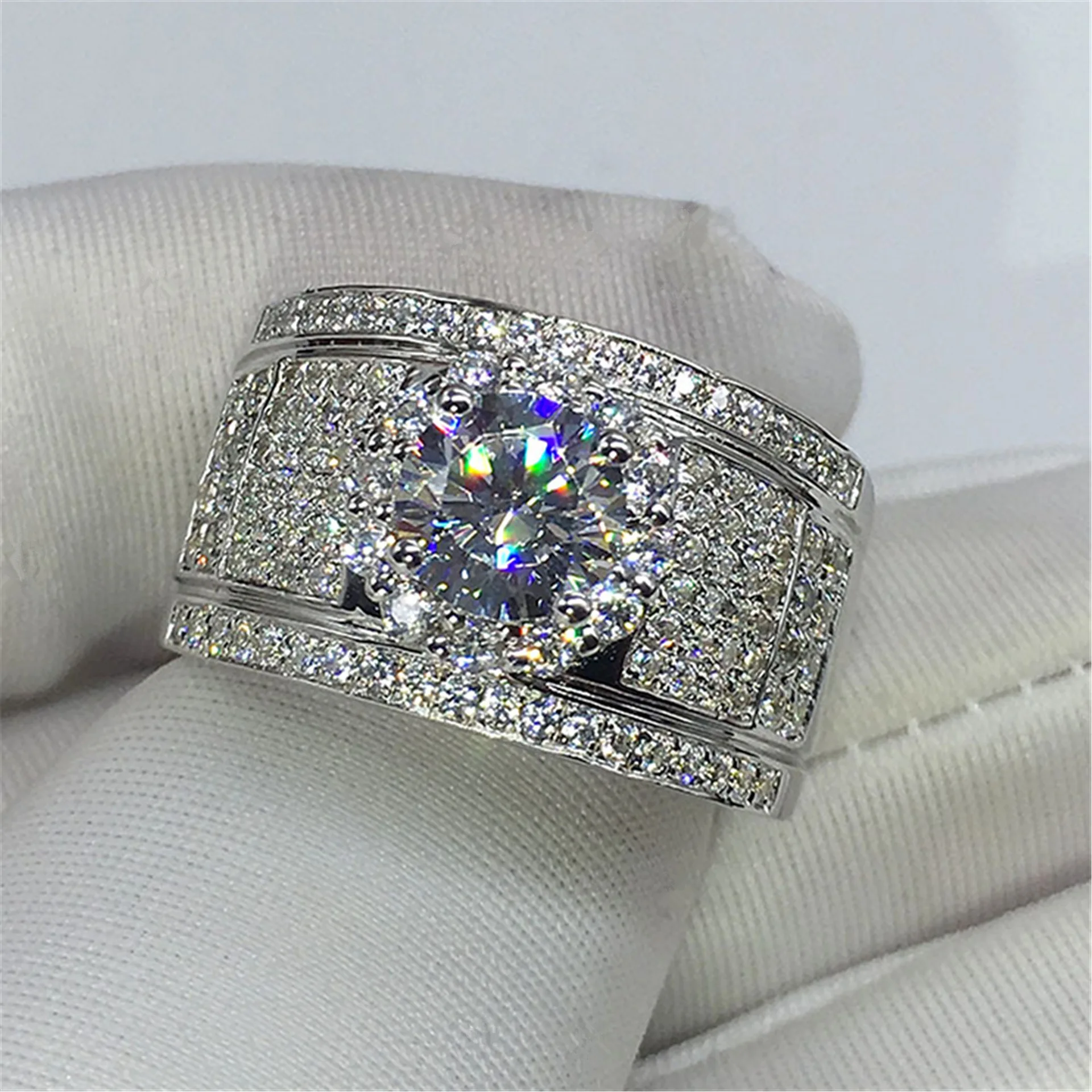 Men's Wide Band Big Ring Micro Pave Cluster Setting Full of Zirconia Stones Luxury Arm Ring Fashionable Geometric Design