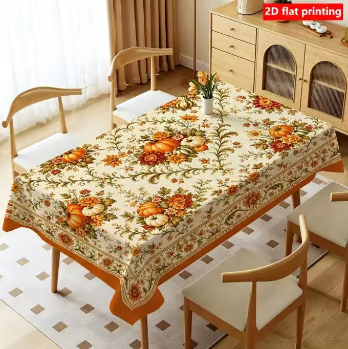 1 piece of vintage farmhouse autumn tablecloth, country orange and golden pumpkin flower printed table cover