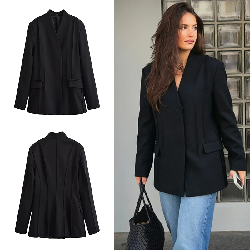 Guobioziy 2026 Spring Autumn Quiet Luxury Women Collarless Blazer Vertical Pleats Loose Suit Jacket For Office Wear