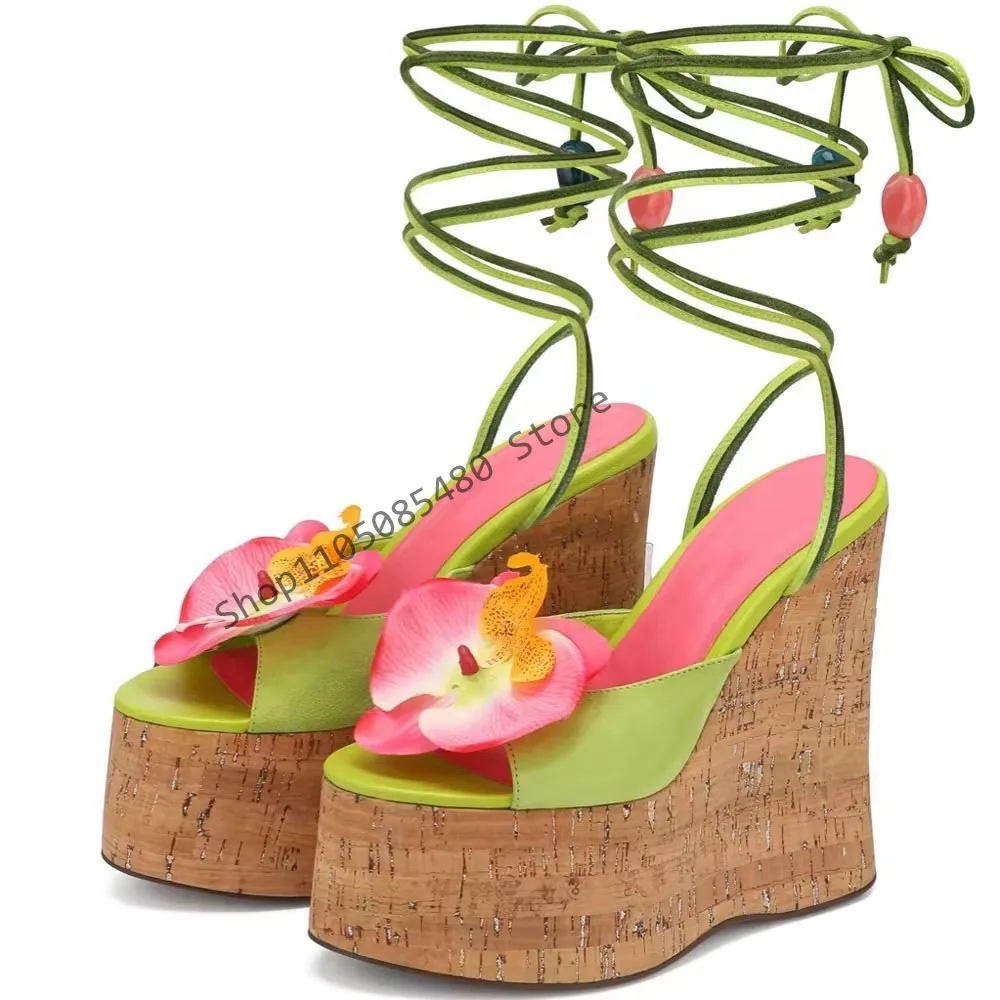 2026 Summer Slope Heel Thick Bottom Women's Wood Sandals Flower Lace Platform Open Toe Women's Party Show Wedding Sandals 43