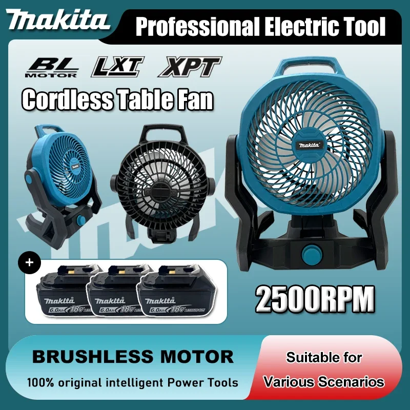 

Makita Cordless Table Fan Portable Camping Fan 21V Multi Purpose Adjustable Head 3 Speed Setting Powered Desktop Floor Fan