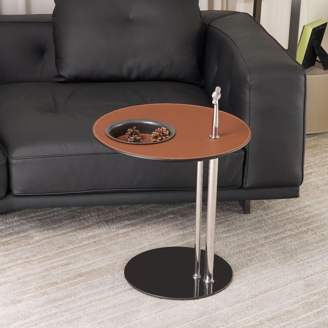 *☆ Modern Minimalist Saddle Leather Side Table Orange Coffee Table With Carbon Steel For Living Room Or Bedroom