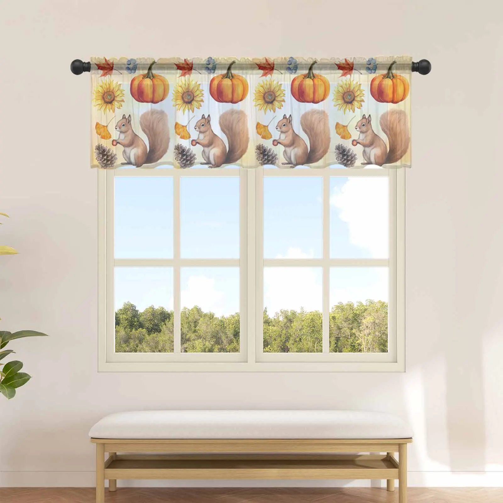 Squirrels Pumpkins Autumn Maple Leaves Pine Cones Kitchen Small Window Curtain Tulle Short Curtain Living Room Voile Drapes