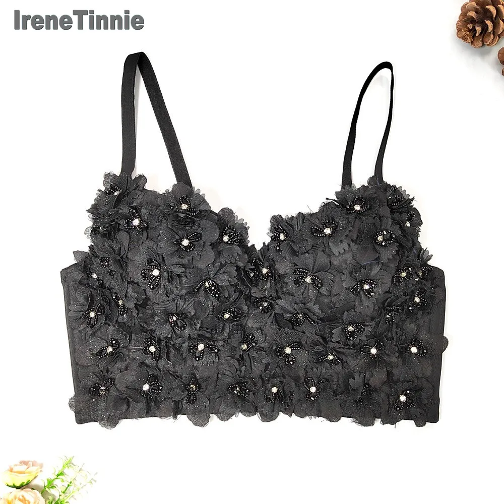 IRENE TINNIE 2023 Summer Casual Outfits Rhinestone Tops Women Elegant Stereoscopic Flower Mesh Corset Sexy Short Crop Top Mujer