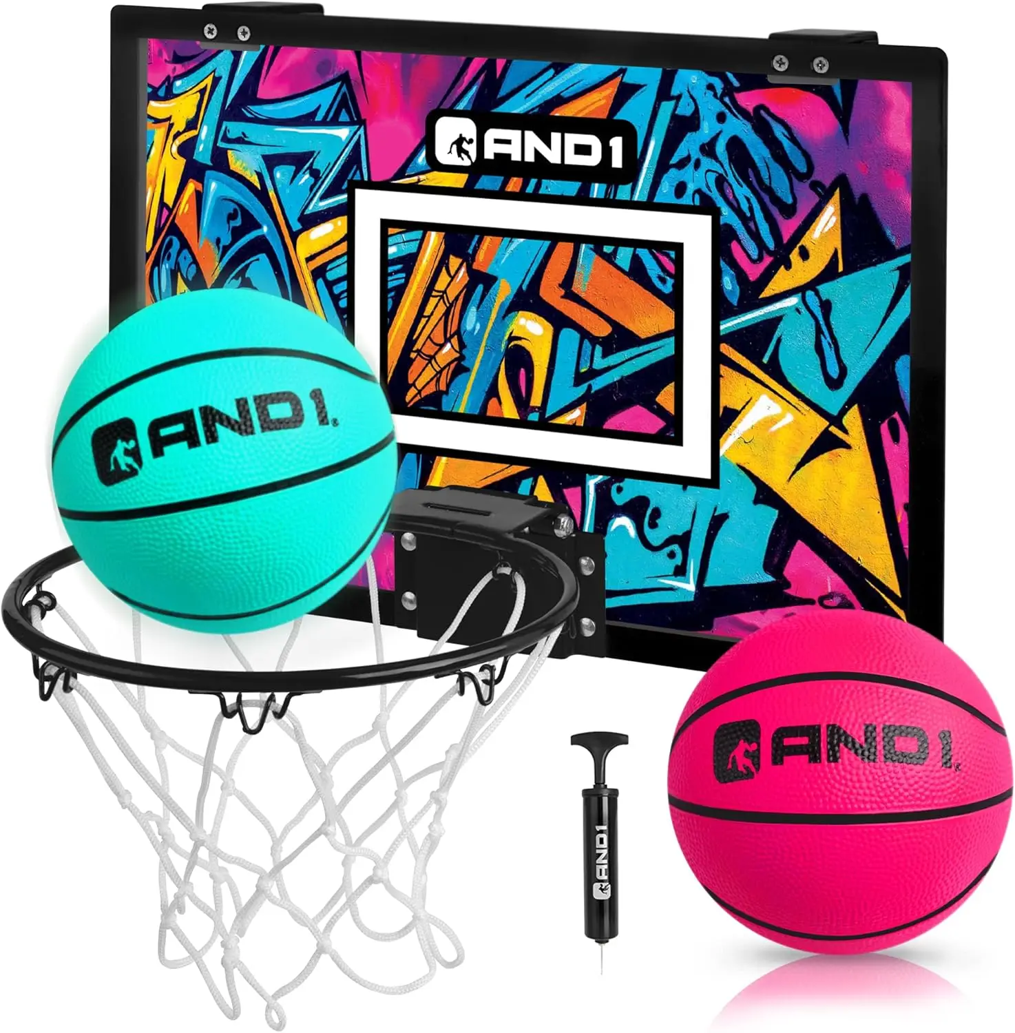 

Over the Door Mini Basketball Hoop, 18x12 Shatterproof Backboard, 2 Mini Basketballs & Hand Pump, Indoor Basketball for Kids