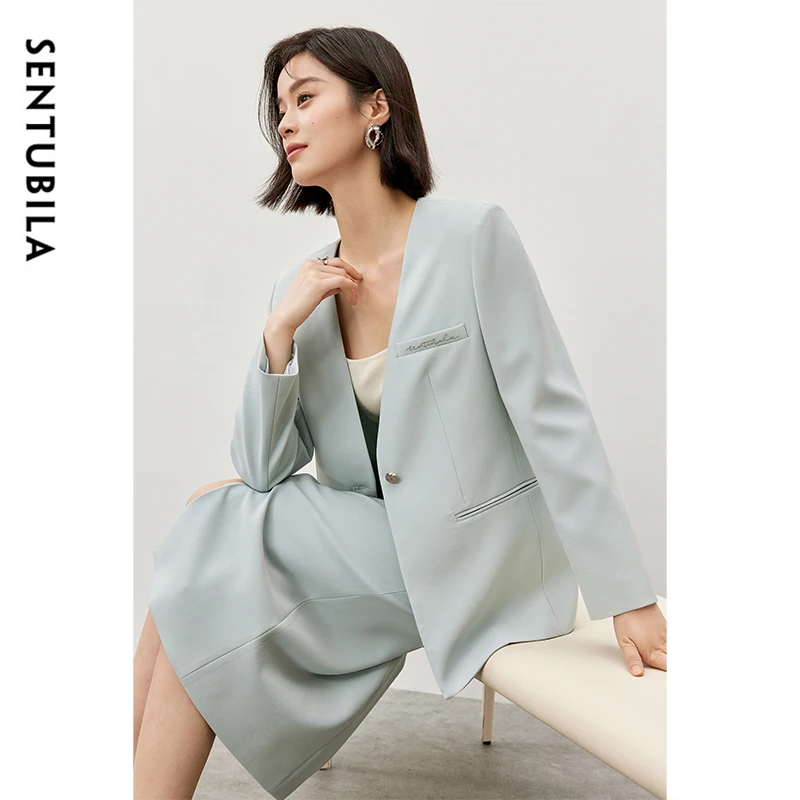 SENTUBILA Texture Twill Skirt Suits Women 2024 Fall Embroidery V Neck Coat Straight Slit-hem Skirt Office Lady Clothes 143Z56686