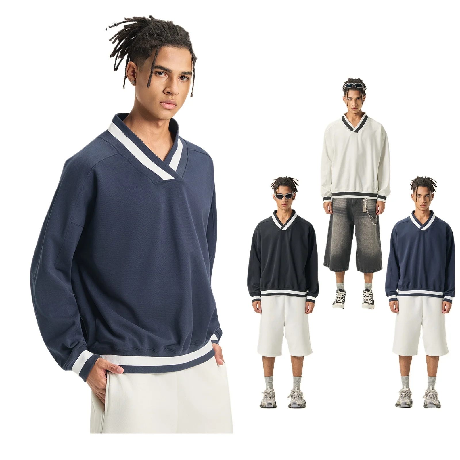 سويت شيرت رجالي من القطن الخالص برقبة على شكل حرف V 100% قطن عالي الجودة يسمح بمرور الهواء، تي شيرت فضفاض غير رسمي #1