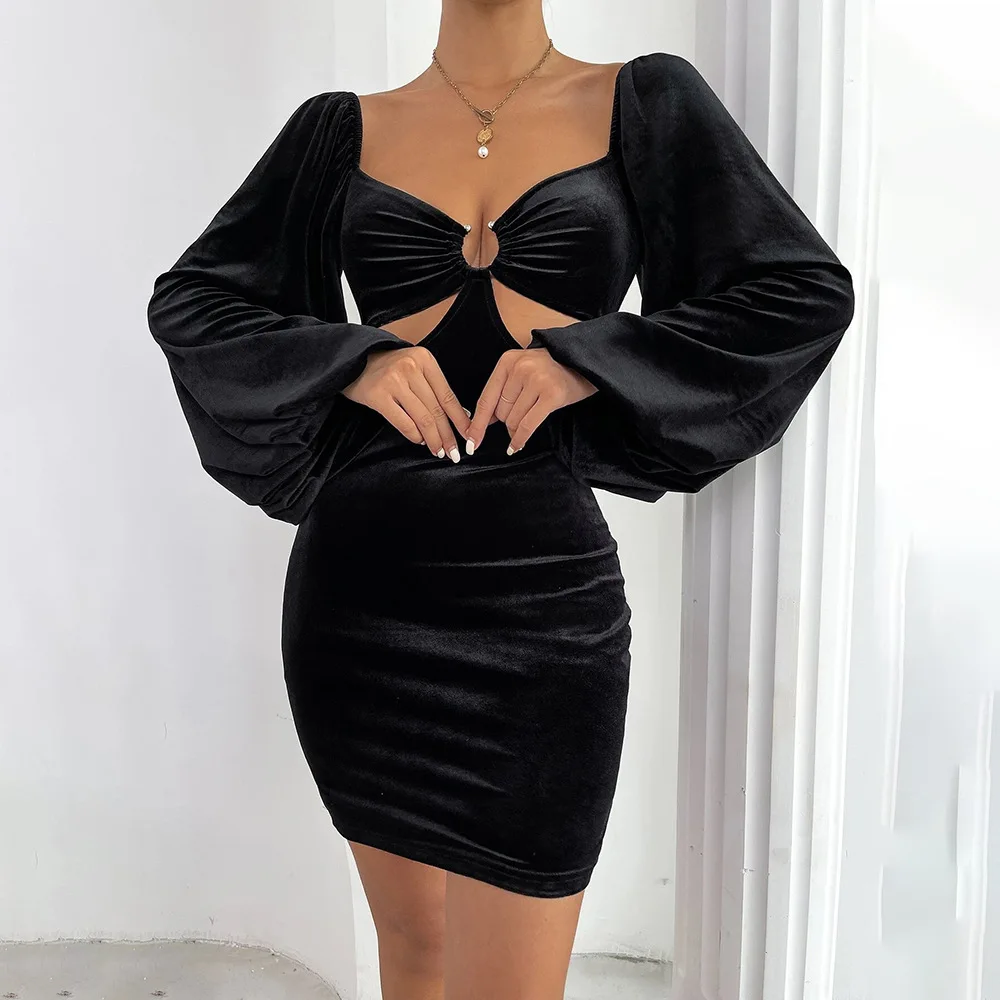 

Autumn New Sexy Cutout Ring Skinny Puff Sleeve Mini Dress Feminine Elegant Hip Wrapping Streetwear Party Club Dinner Y2K Wear