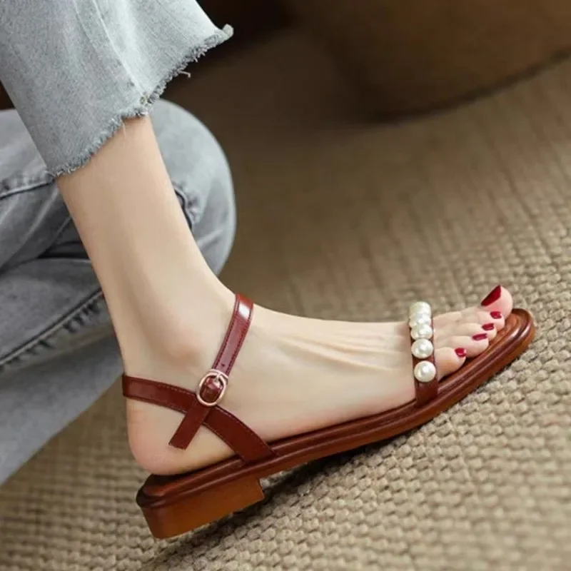 

2025 Female Shoes Buckle Strap Women's Sandals Fashion Daily Sandals Women Square Toe Open Toe Low Heel String Bead Shoes Women