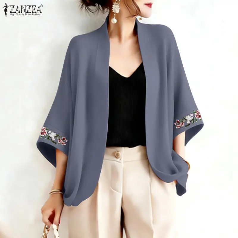 

2026 Women Summer Cardigan ZANZEA Vintage Holiday Kimonos 3/4 Sleeve Embroidered Blouse Female Work Shirt Casual Tops Thin Coats