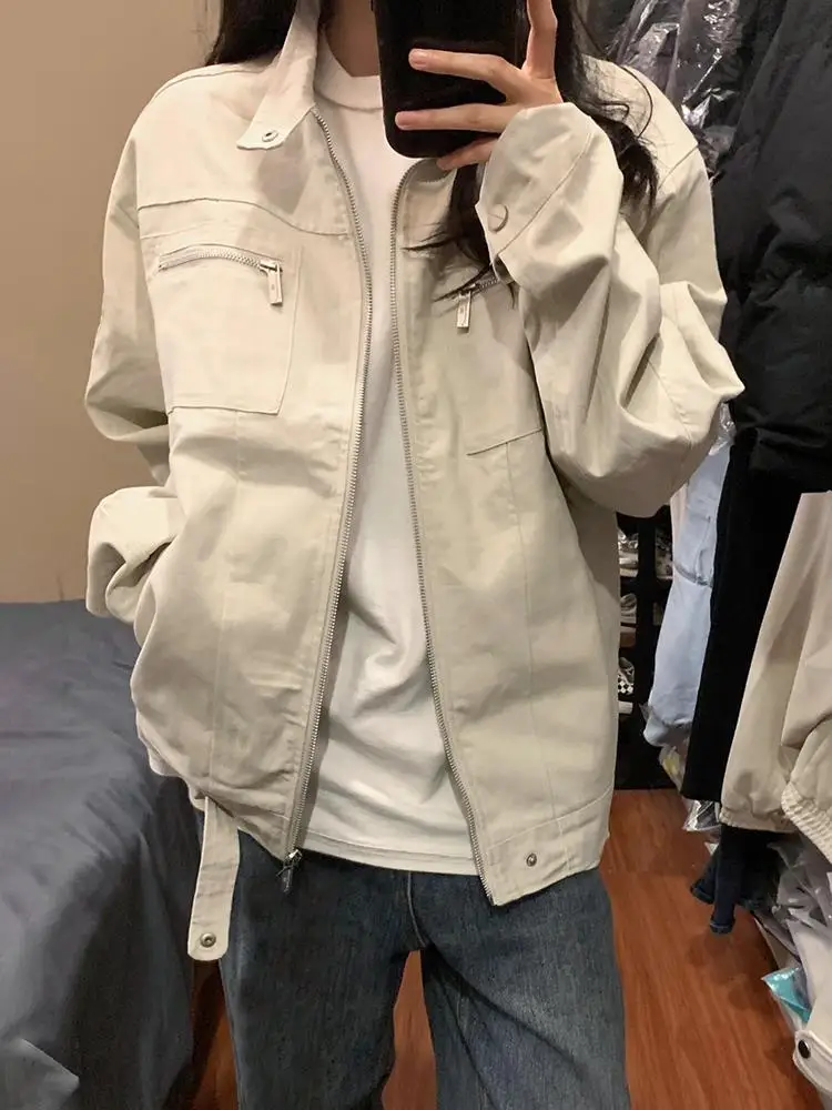 

Retro American Workwear Jaet ex Loose Fit Stand Collar Multiple kets Spring Autumn Couple Outerwear Casual Sle