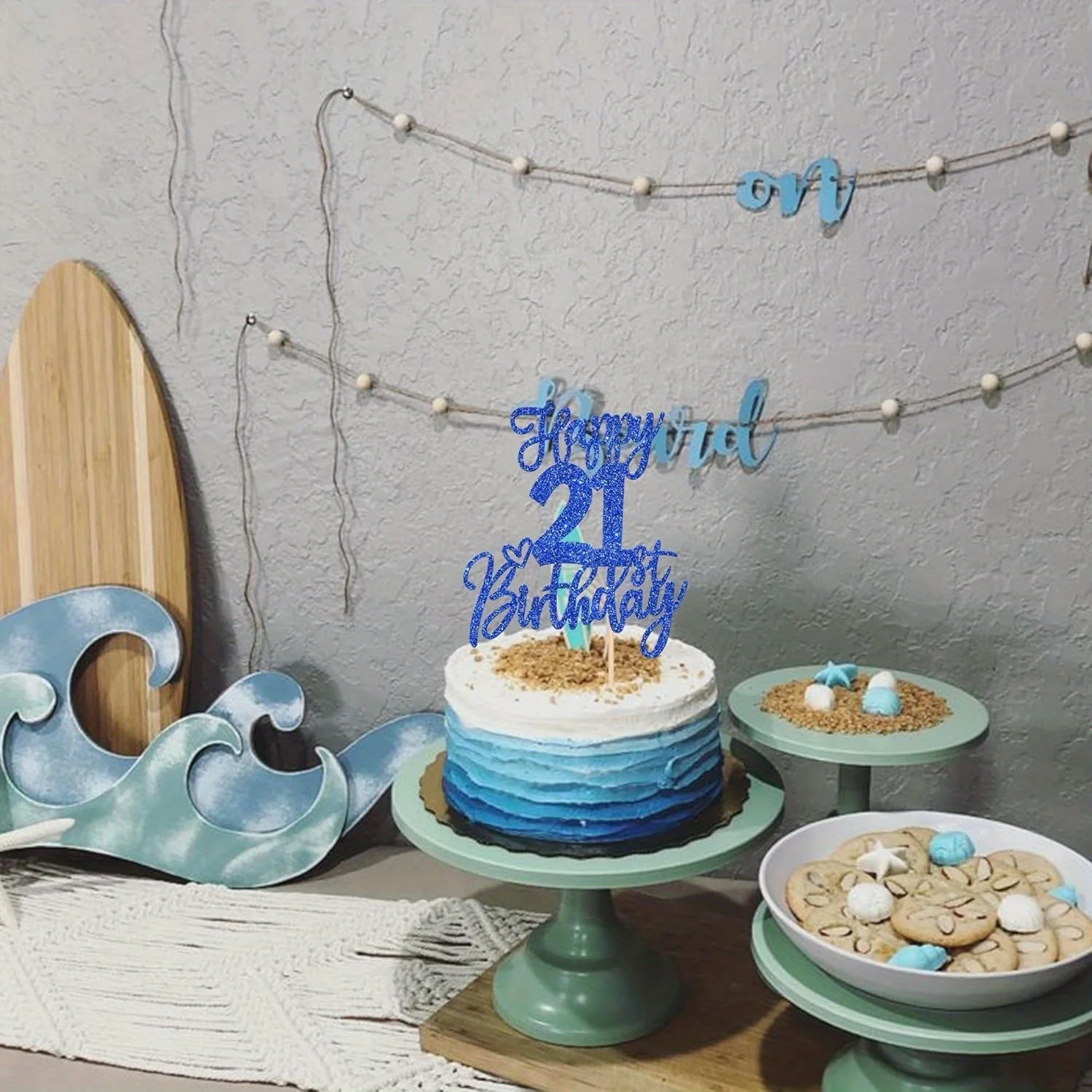 1 x blauer, glitzernder, moderner Tortenaufsatz „Happy 21st Birthday“ – Prost auf 21 Jahre, Twenty One Hello 21 Kuchendekoration – Detail 5
