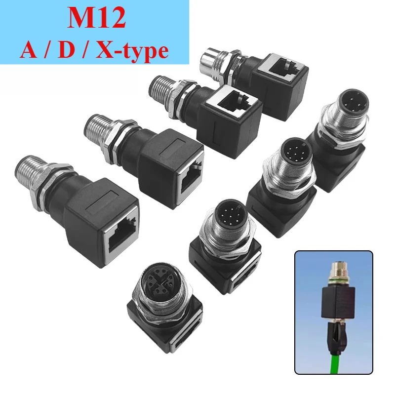 M12 X-type to RJ45 Network Adapter, 4Pin 8Pin A/D-Code Male Female Connector, IP67 Waterproof Straight & Right Angle Plug