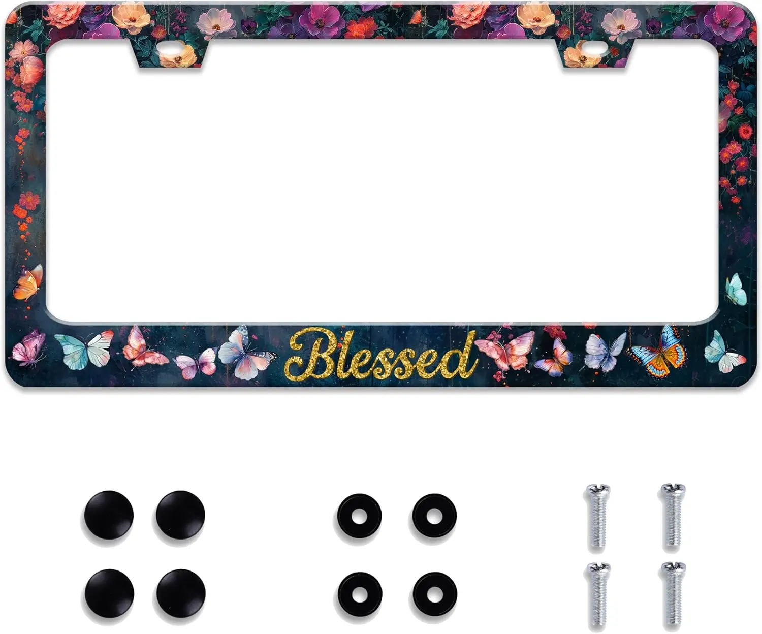 

Personalized Stainless Steel License Plate Frame, Blessed Butterfly Flower Design, 2 Holes Screws Included, Fits US Standard