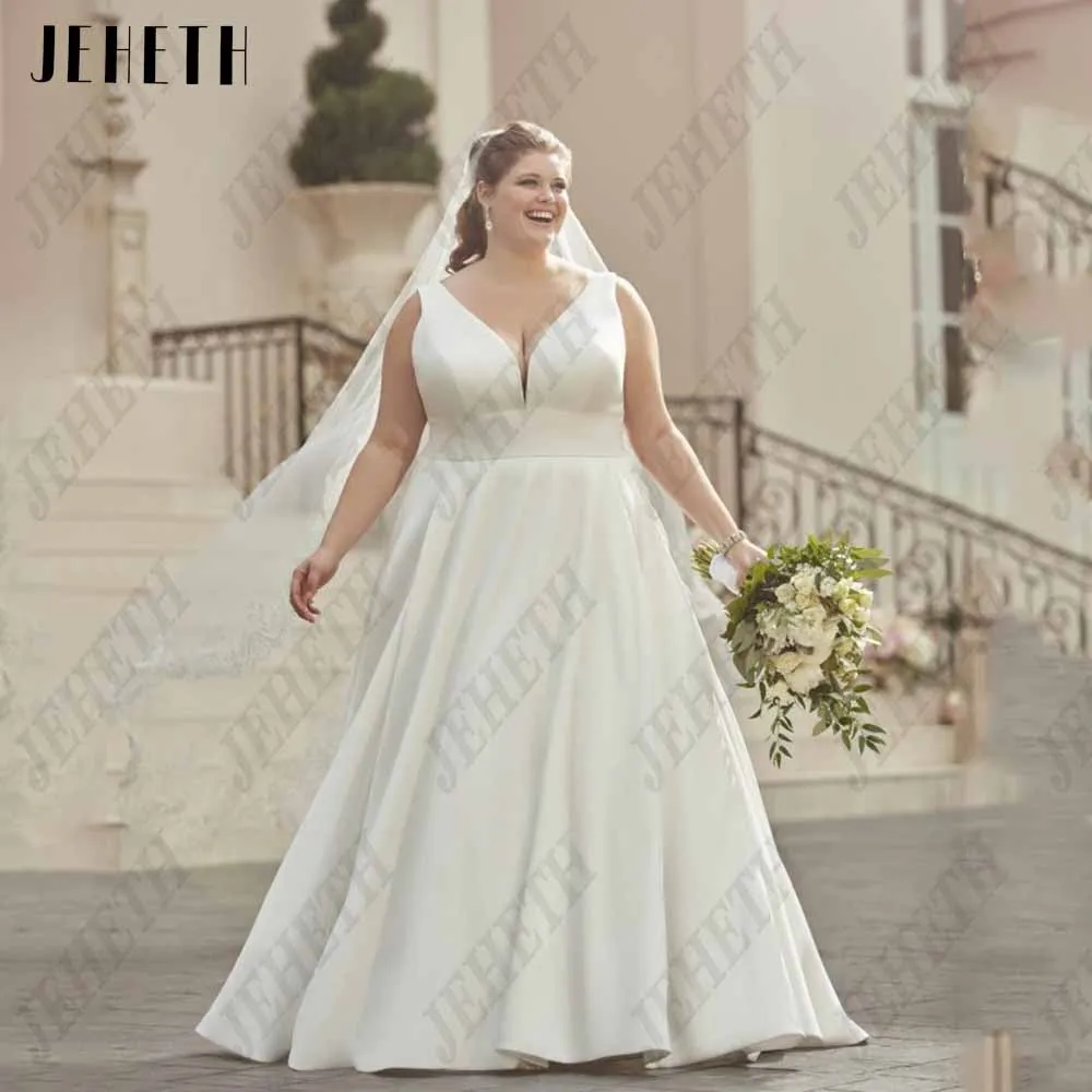 

JEHETH Elegant Backless Wedding Dresses Plus Size For Woman Sleeveless V-Neck Bride Gowns Satin A-Line Classic vestidos de novia