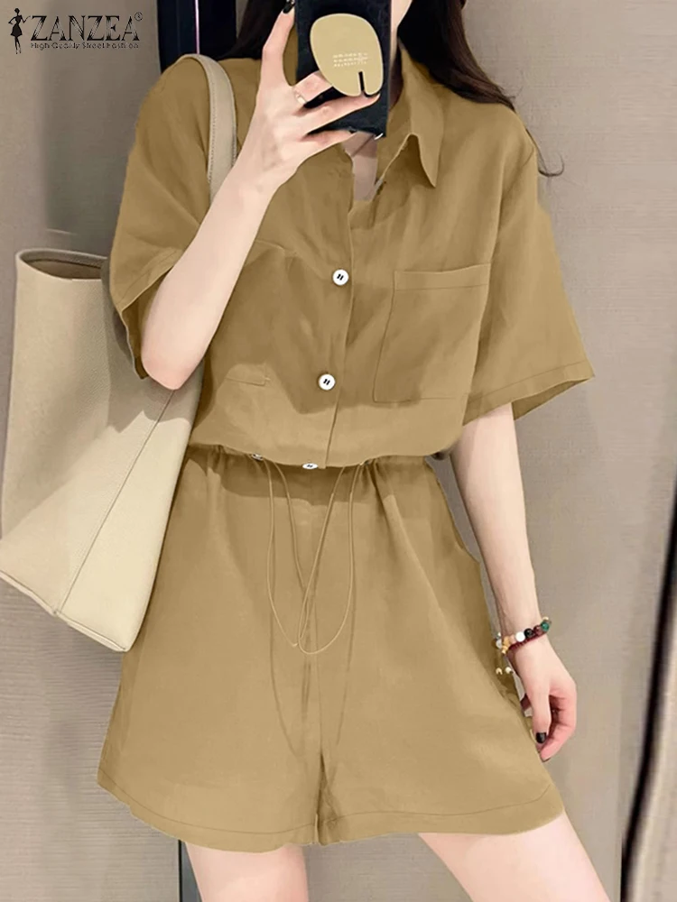 

ZANZEA Women Fashion Work Wear Rompers Casual Turn-Down Collar Half Sleeve Drawstring Waisted Cargo Shorts Overalls Playsuits