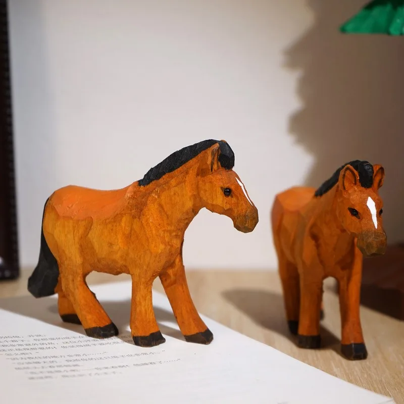 1 PC Brown Pony Hand Carved Wood Sculpture Lovely Equine Figurine Office Workspace TV Console Entryway Decor Cute Horse Ornament