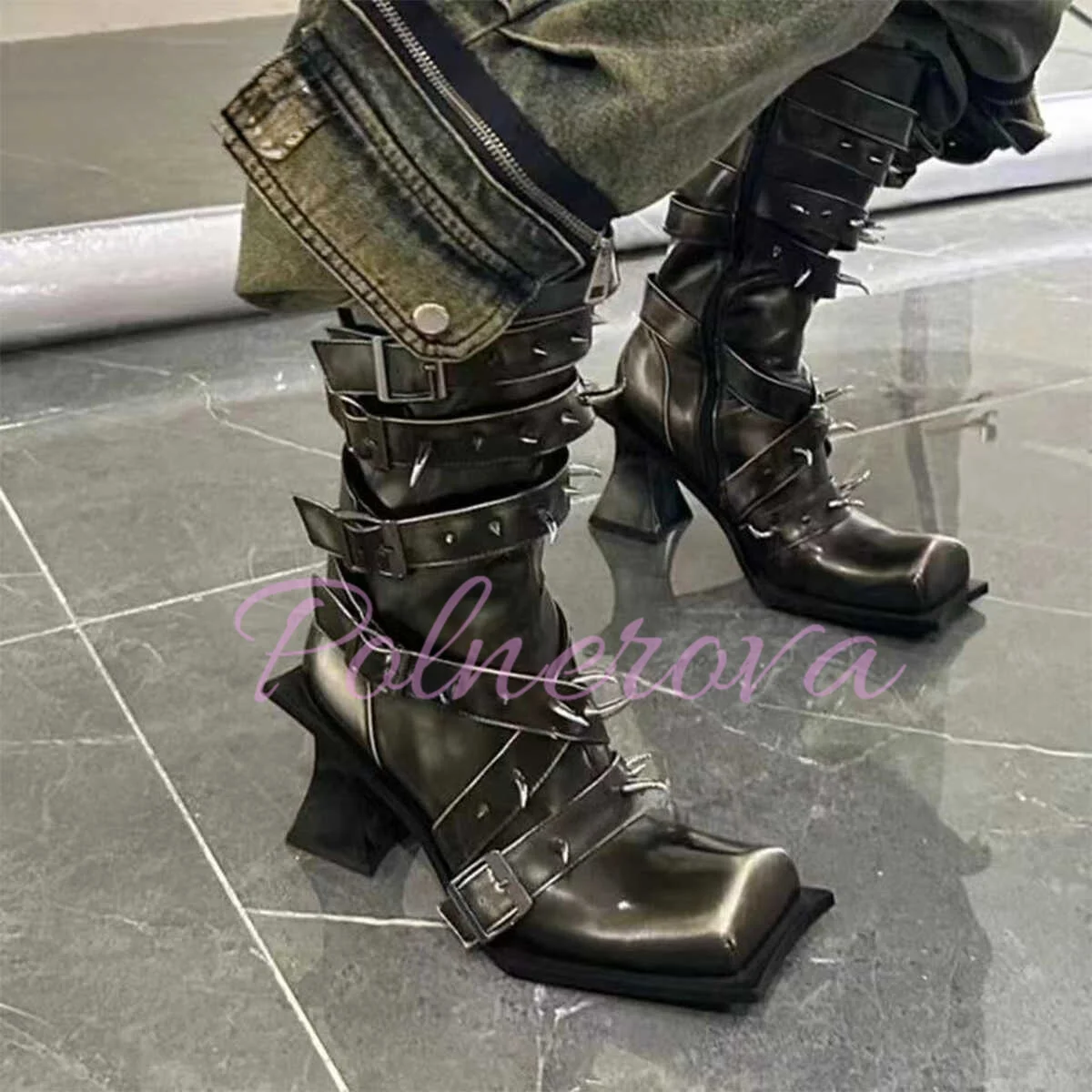 

Metal Riveted Belt Buckle Boots Women's New Thick Heel Square Head Side Zipper Fashion Motorcycle Booties Botas Mujer