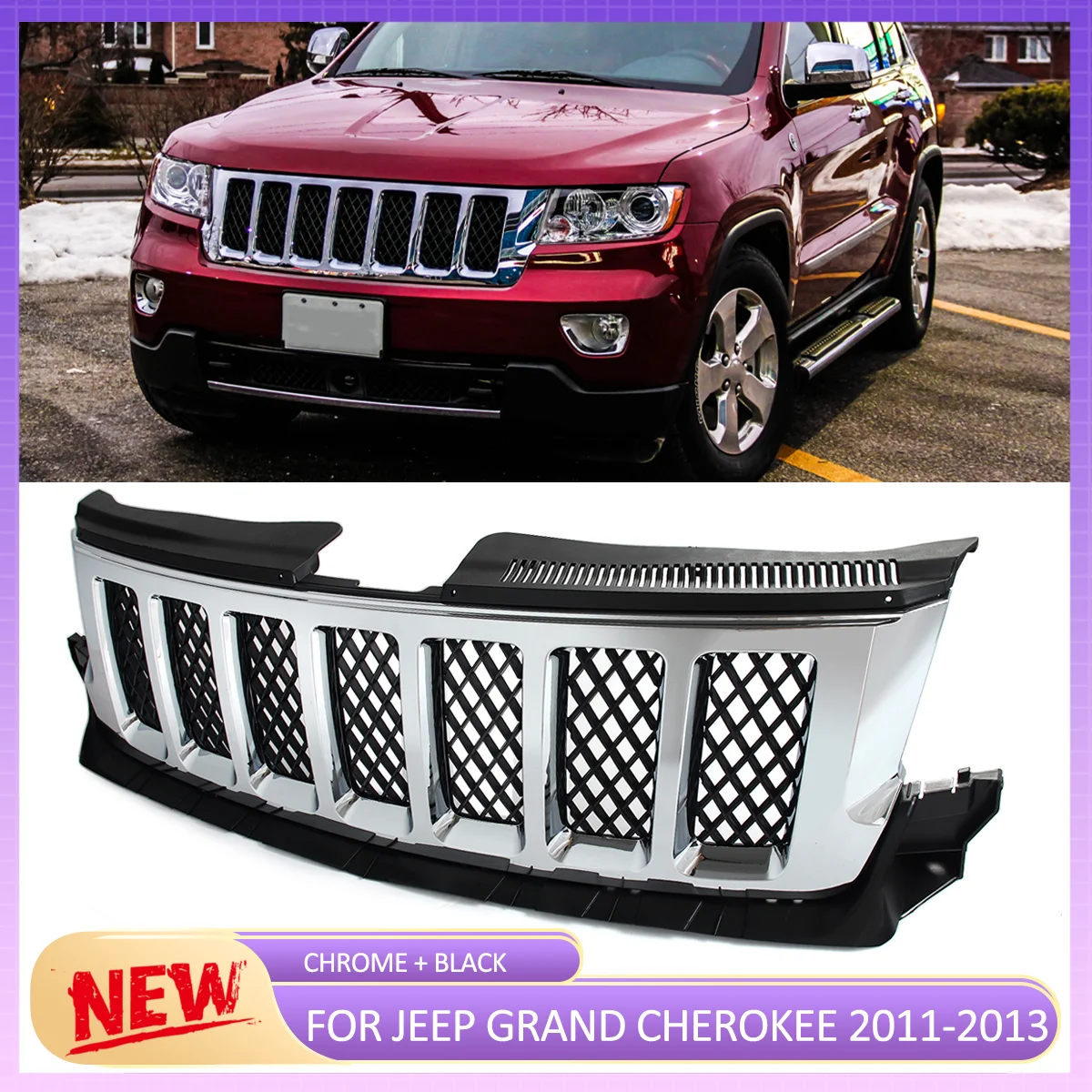 For Jeep Grand Cherokee 2011 2012 2013 Overland Chrome Front Bumper Grille with Black Insert Mesh Grille Air Inlet Grid Grills