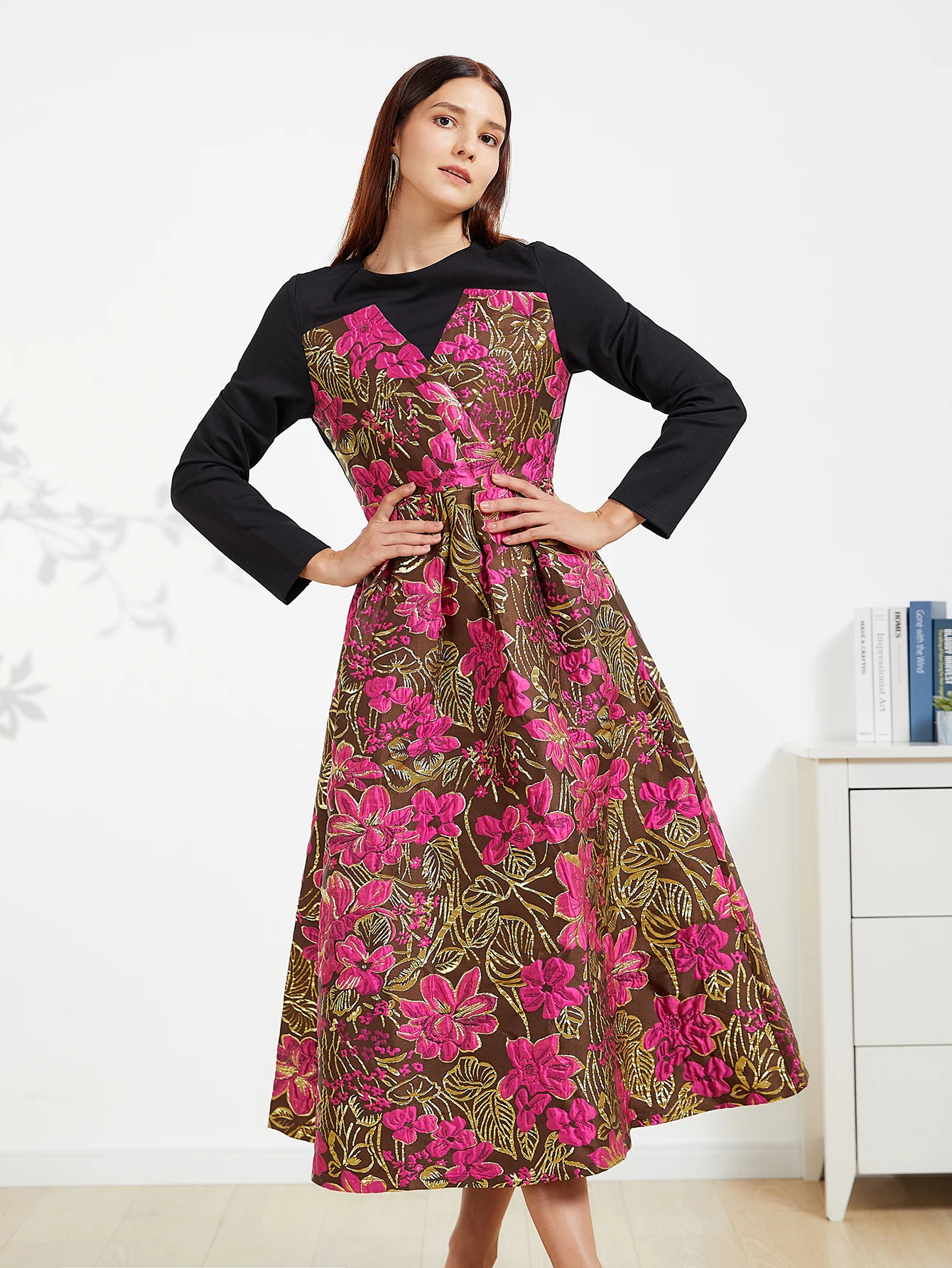 DEVCHATA Quality Vintage Women Jacquard Dress New Elegant Evening Dresses Spliced ​​Spring Autumn Floral Ball Long Gown