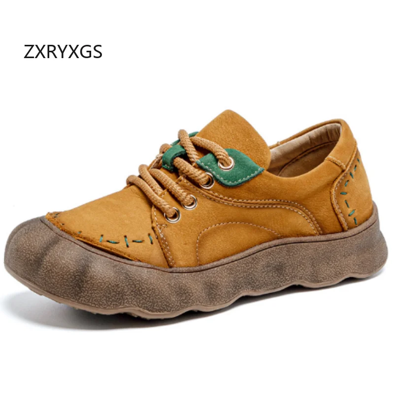 ZXRYXGS 2026 Classic Retro Mixed Color Top Cowhide Full Real Leather Shoes Fashion Sneakers Casual Shoes Comfortable Flats Tide