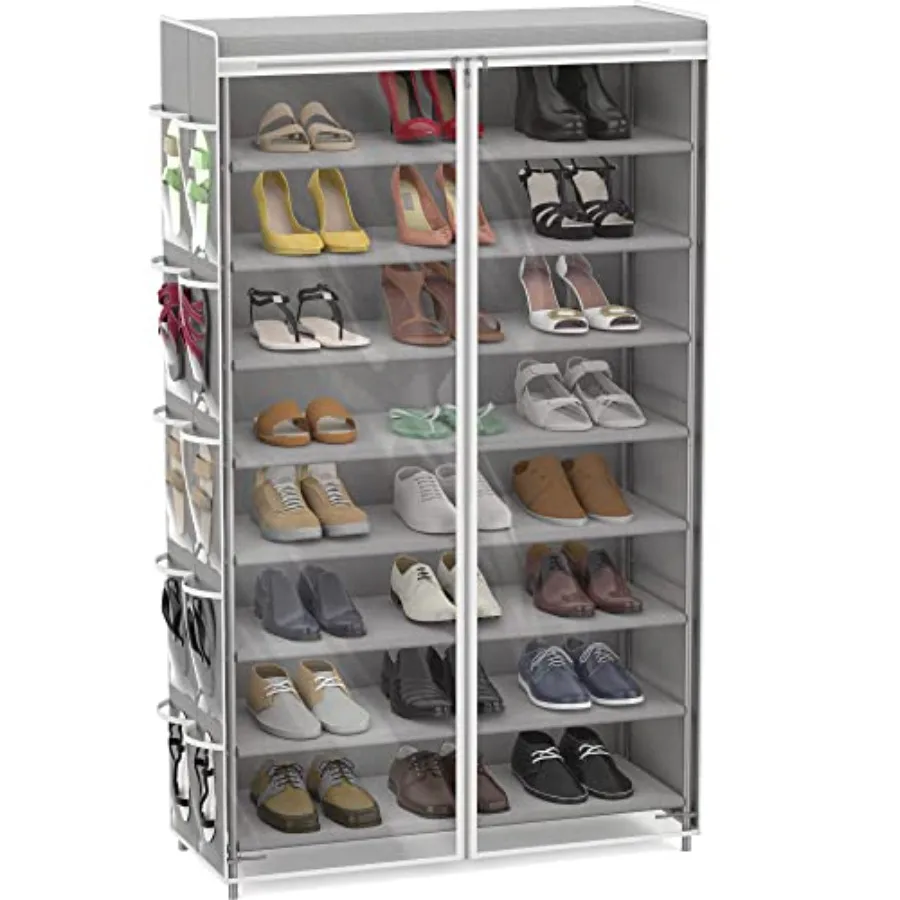 

8 Tiers Shoe Rack with Zipper Cover Side Hanging Pockets, Gray