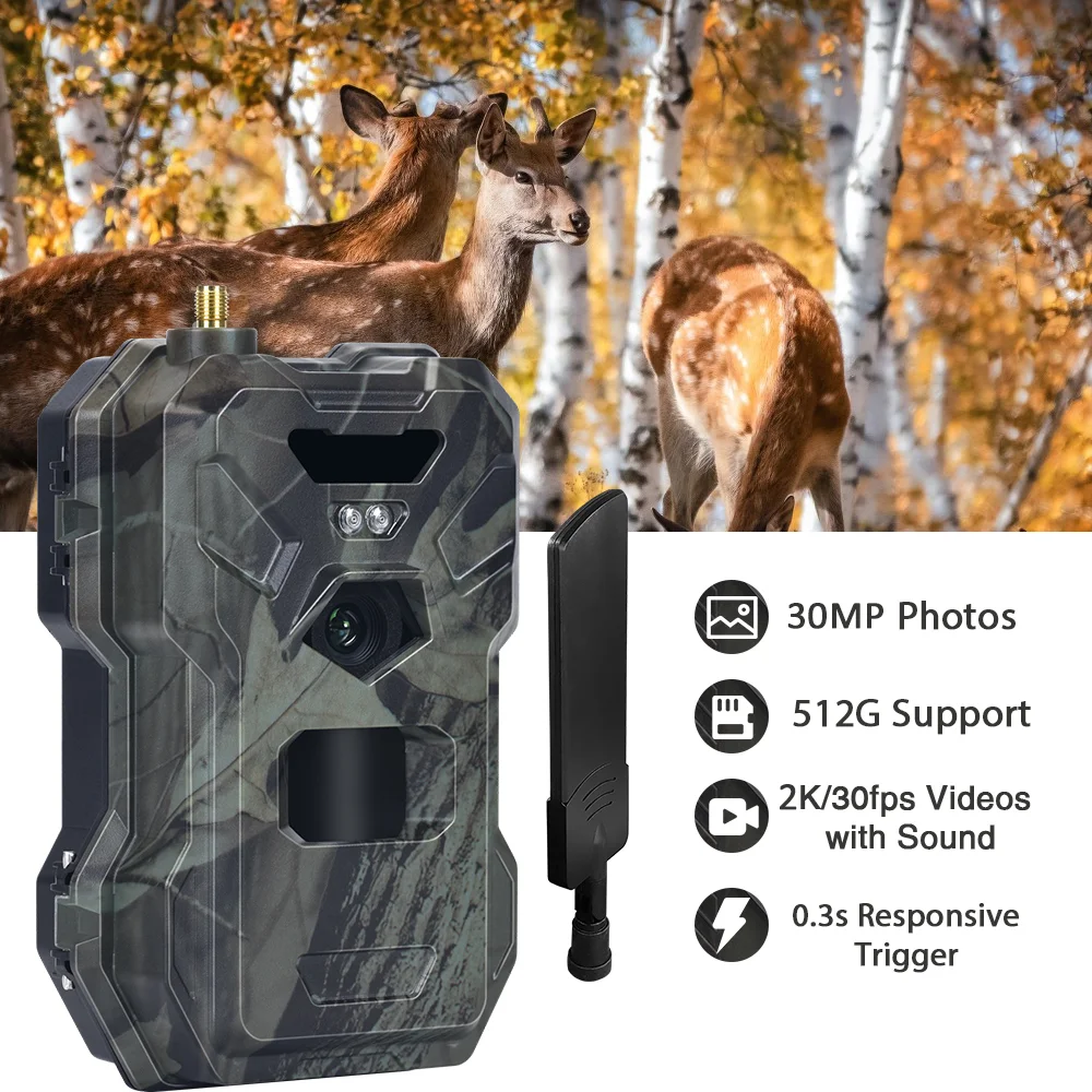 

Outdoor 30MP 2K HD Hunting Camera Home Safety 4G Live Show Trap Game Cam Wildlife Plants Night Vision Camera APP Control Camera