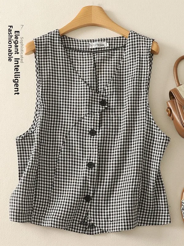 

Korean Japanese Cotton Linen V-neck Sleeveless Large Size Women's Design Sense Open Cardigan Top Summer Casual Wear