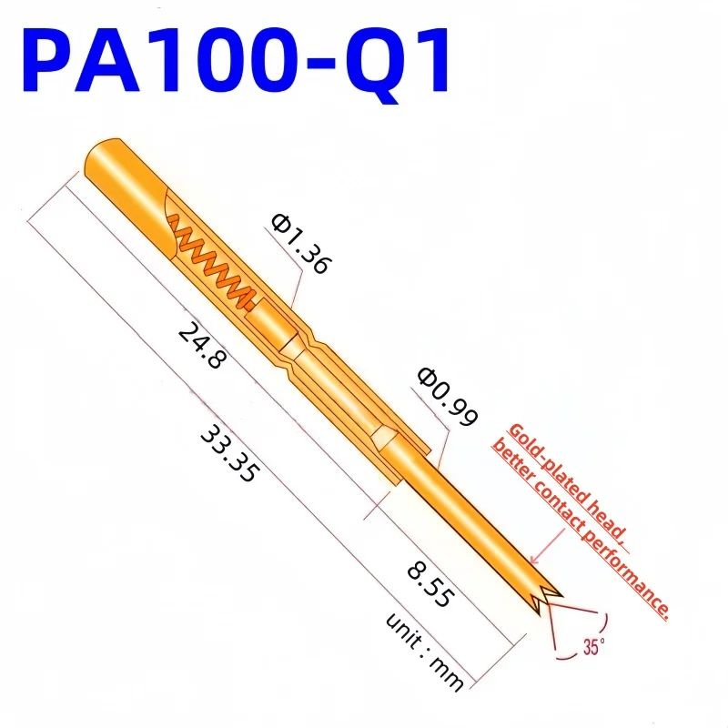 20/100PCS PA100-Q1 Spring Test Probe PA100-Q Test Pin P100-Q P100-Q1 Test Tool 33.35mm 1.36mm Needle Gold Tip 0.99mm Pogo Pin