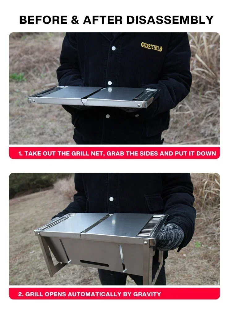 Tragbarer BBQ-Grill aus Edelstahl für den Außenbereich, zusammenklappbarer Holzkohleofen, kompakter Camping-Picknick-Grill, Spießständer, Reisegrill-Set – Detail 3