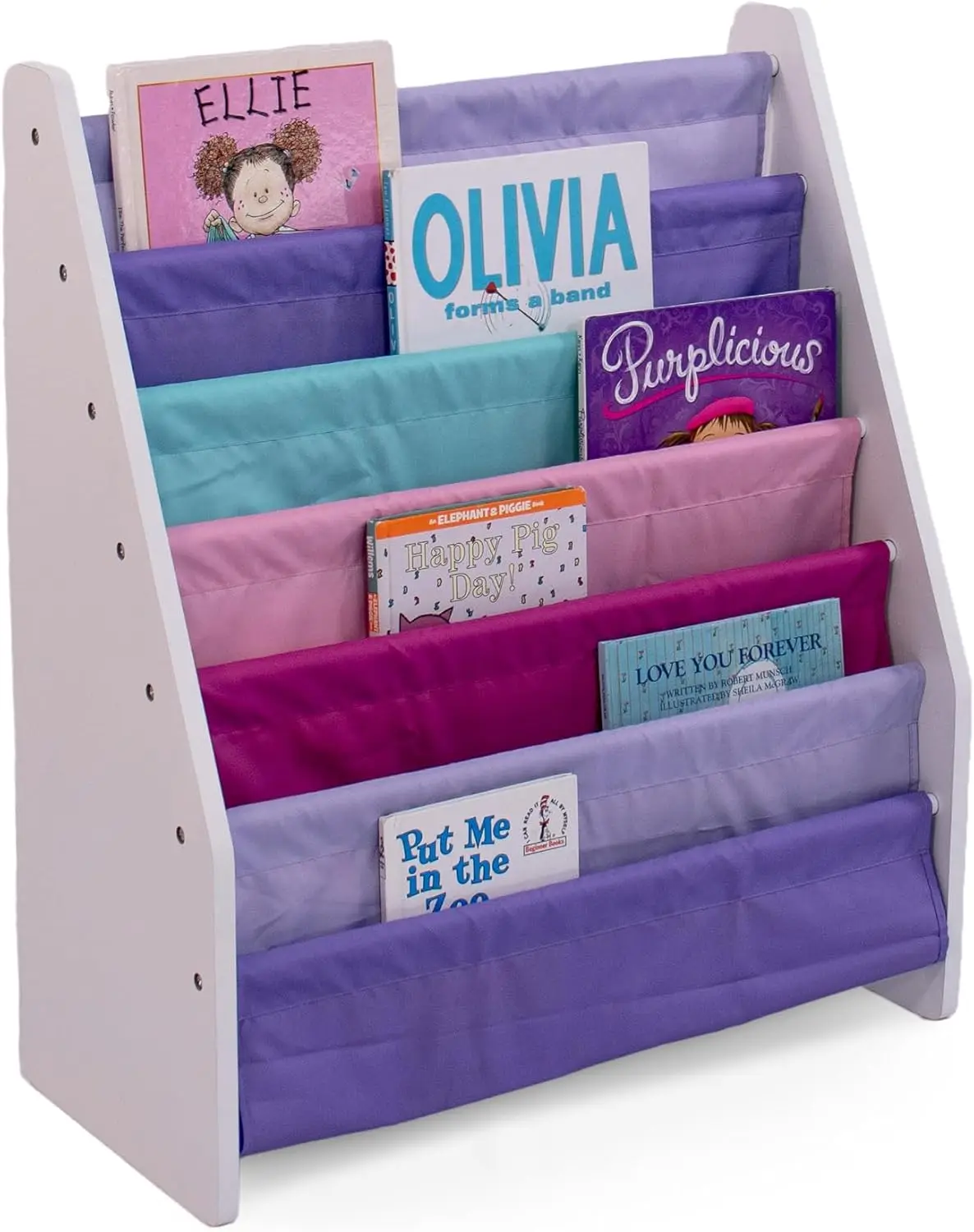 

6-Tier Kids Book Rack Organizer with Fabric Pockets, Front-Facing Display for Easy Access, White/Pink/Purple/Aqua
