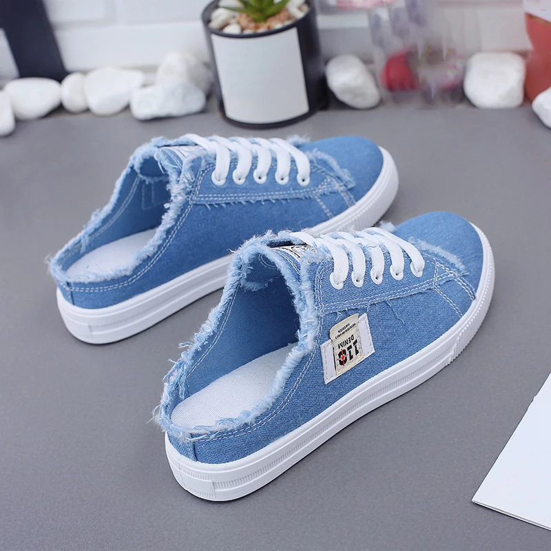 Sepatu Flat Kanvas Wanita Sepatu Slip-on Punggung Terbuka Kasual Nyaman Ringan Bersirkulasi Bertali