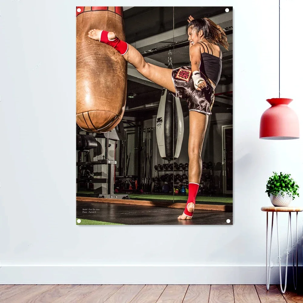 

Muay Thai Women Kick Wallpaper Black Background Banner Wall Art Hanging Cloth Boxing Workout Poster Flag Artwork Gym Decoration