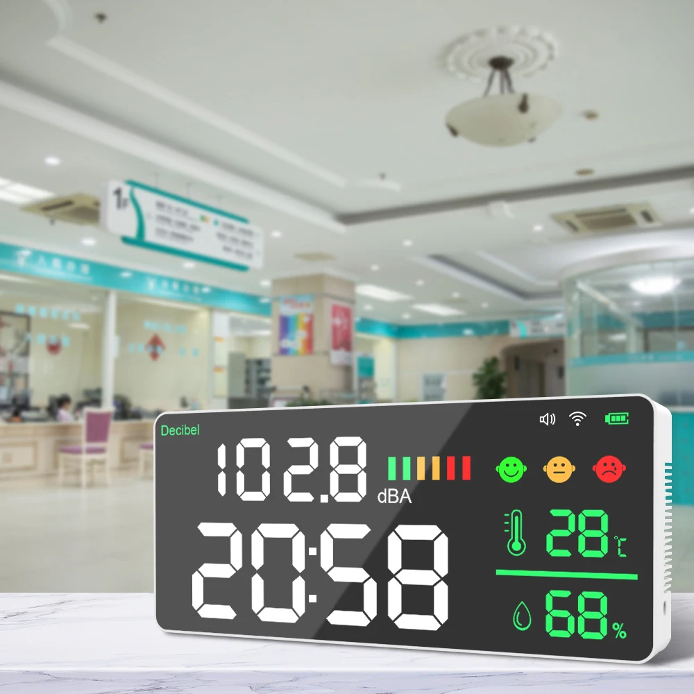 Medidor de Decibéis Wi-Fi com Temperatura e Umidade, Display LED Grande Inteligente, Medidor de Nível de Ruído Montado na Parede