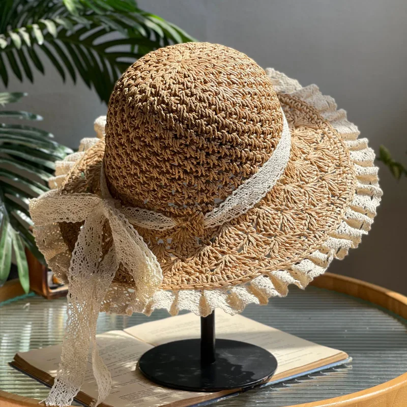 Summer Foldable Lace Edge Straw Hat for Women\'s Handwoven Cute Bow Sunshade Hat for Vacation Beach Hat