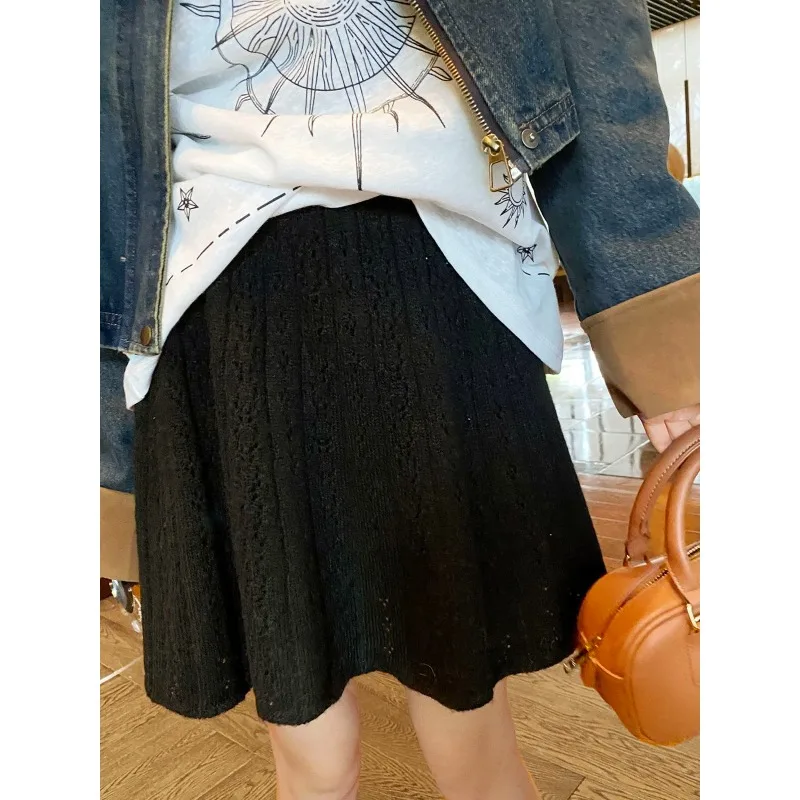 Korean Hollow Loose Casual A-line Skirt Women 2025 Autumn New Streetwear Solid Color All-match Pleated Knitted Mini Skirt