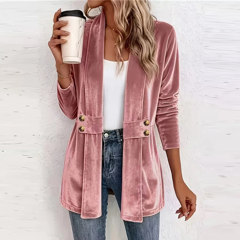 New Autumn Winter Velvet Jacket Women Fashion Turn Down Collar Long Sleeve Button Cardigan Female Office Blazers Coats