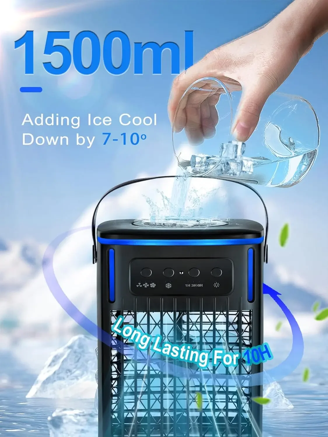 Mini aire acondicionado evaporativo Personal de 3 velocidades con tanque de 1500ml, temporizador de 1-6H, Enfriador de aire frío y ventilador