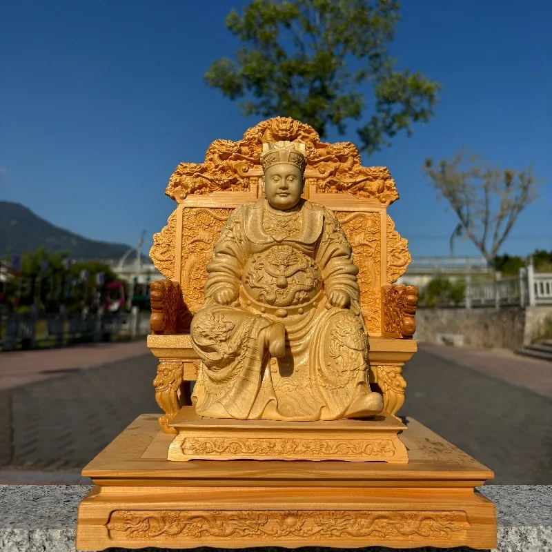 Hand-Carved Hinoki Wood Seated Guangze Zunwang Statue - 11.8