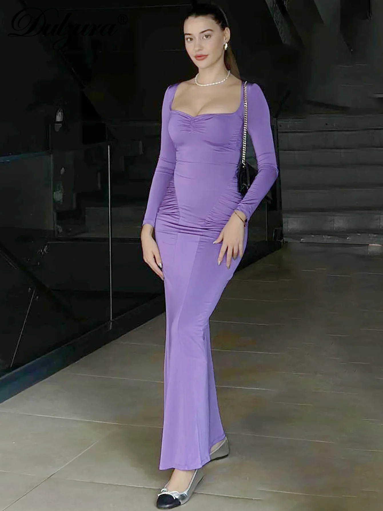 Dulzura เดรสยาวแขนยาวรัดรูปแต่งระบายสำหรับผู้หญิงเสื้อผ้าหรูหราเซ็กซี่เรียบง่ายสำหรับงานปาร์ตี้ตอนเย็นชุดงานพรอมฤดูใบไม้ร่วงฤดูหนาว