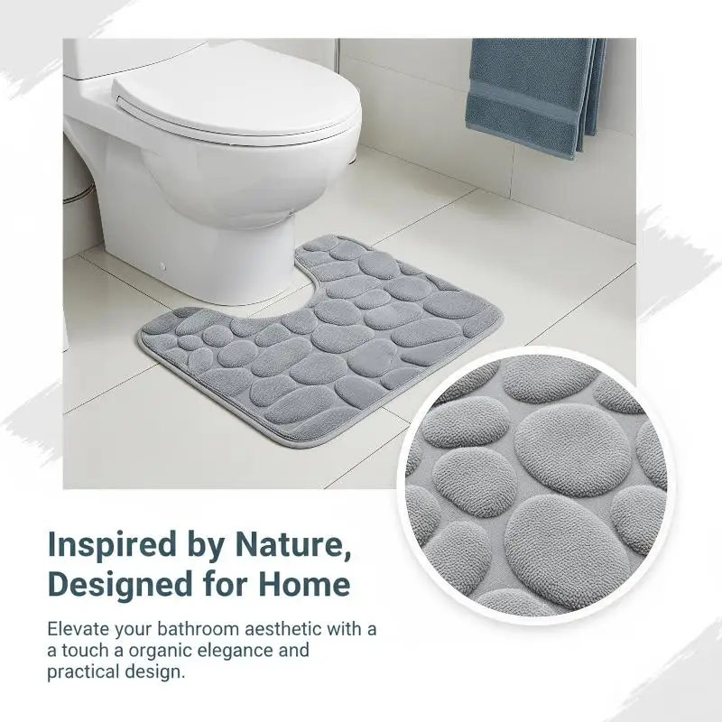 Absorbent Soft Bathroom Rug Set Grey Non Slip Pebble Design 1/2 Piece for Home Bathroom Floor Decor
