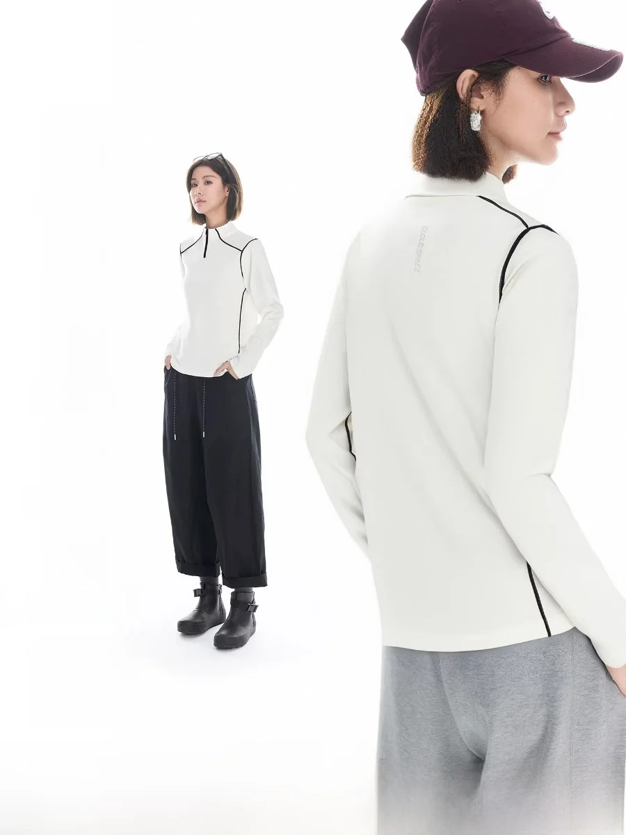 

Zipper High Ne Long Sve Women's T-irt Texture Ribbing Casual Sle Autumn Top Cloud Life Simple Leisure Faion